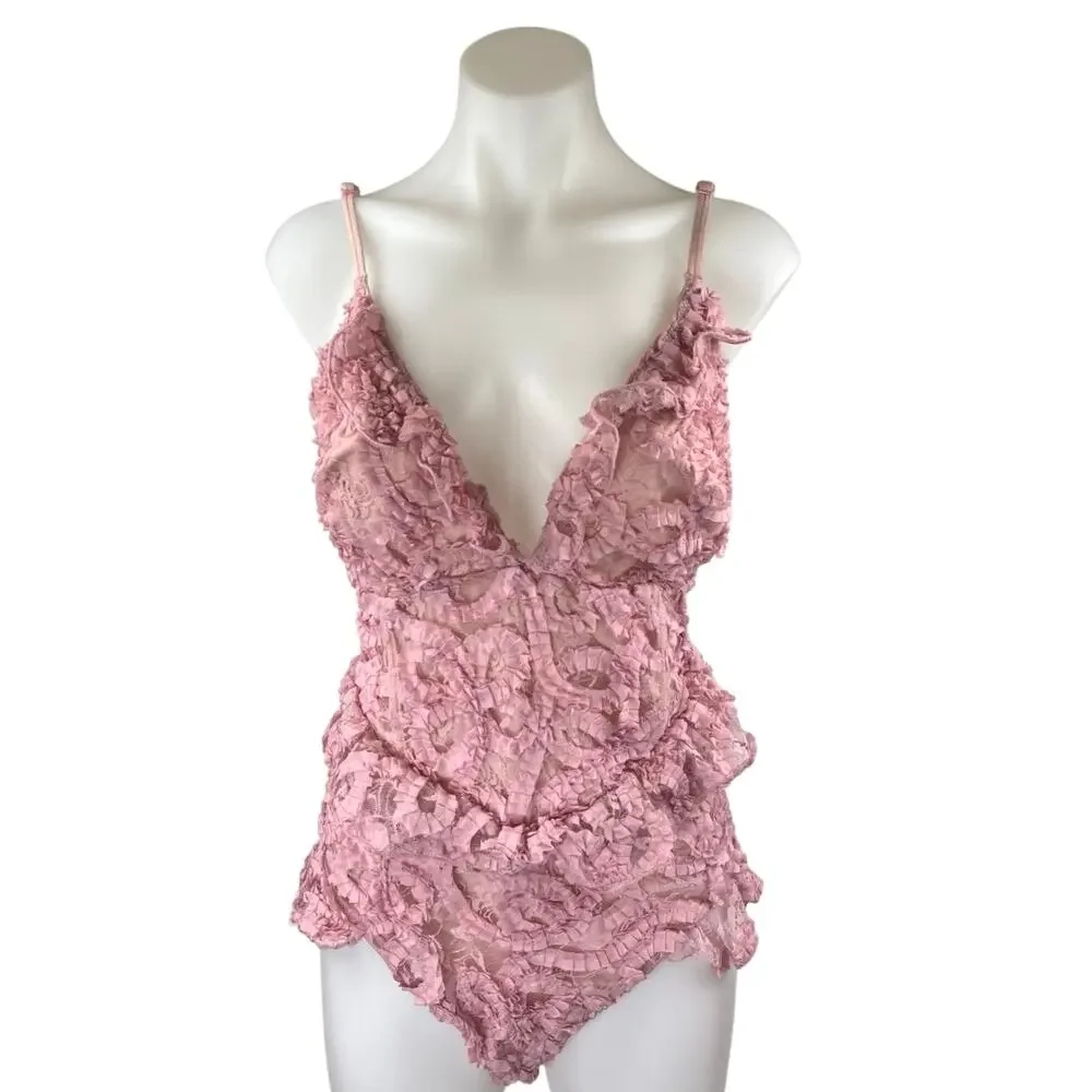 ASOS LUXE Pink 3D Floral Ruffle Peplum Sleeveless Cami Camisole Swimsuit Size 14
